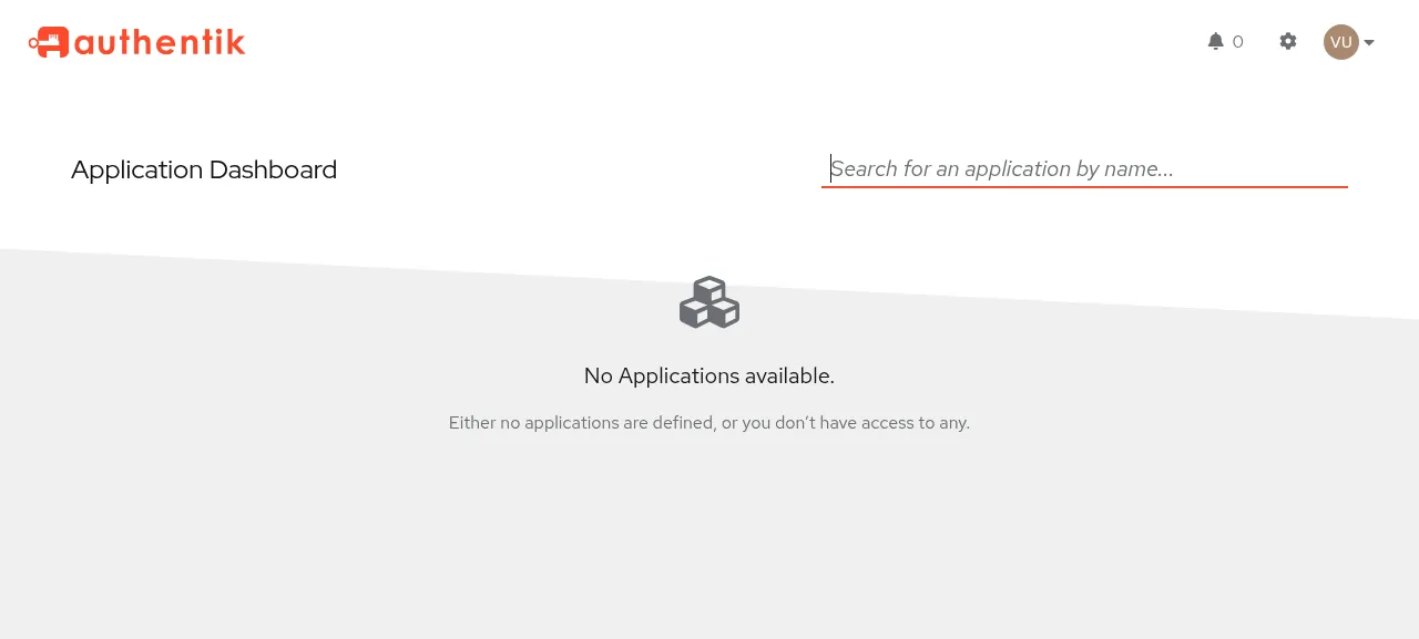 The authentik dashboard signed in as the new user verify-user, with its VU avatar
