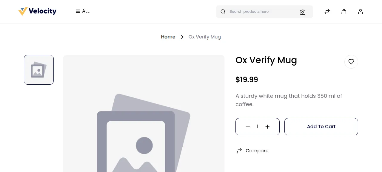 The storefront page of the new product Ox Verify Mug at $19.99 with an Add To Cart button