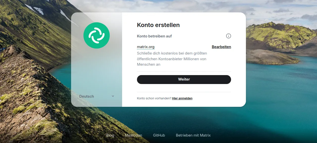 The Element create-account screen after switching the language to Deutsch
