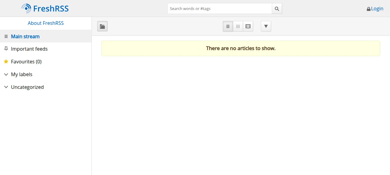 The FreshRSS main stream before signing in, with no articles yet