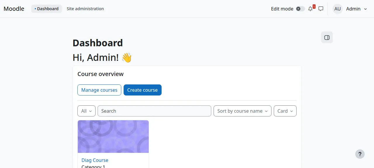 The Moodle dashboard signed in as Admin