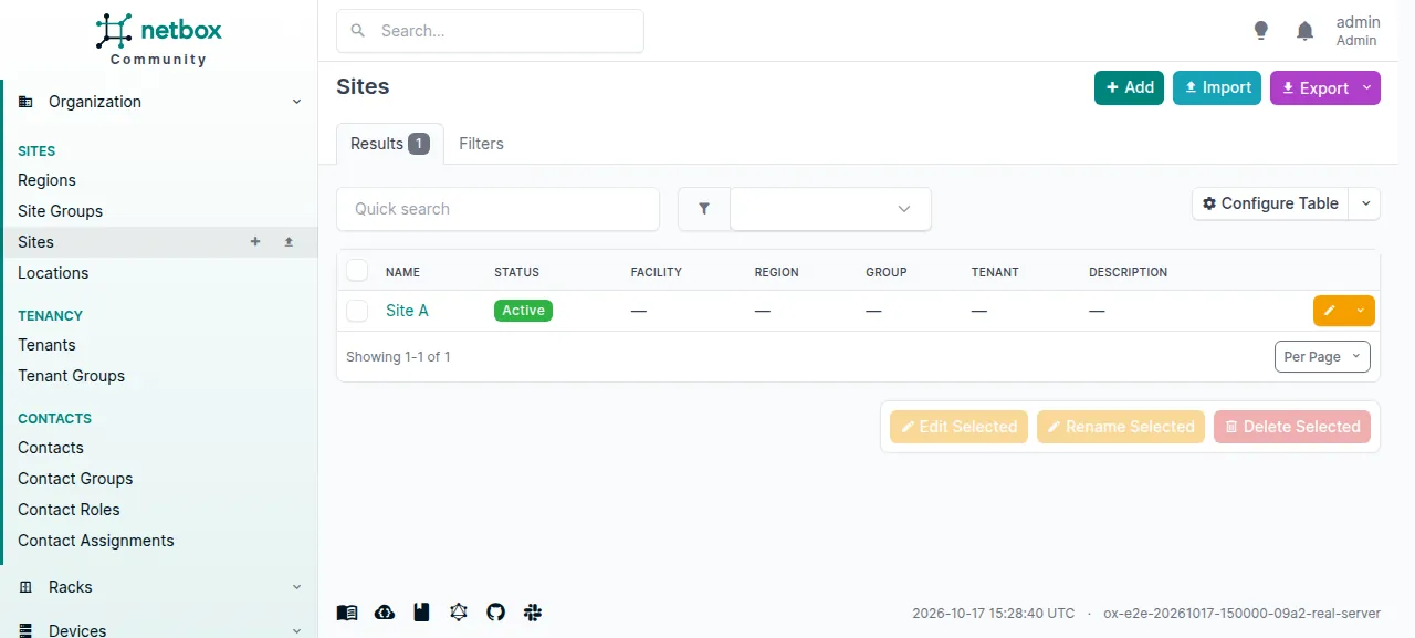 The NetBox Sites list with the new site Site A
