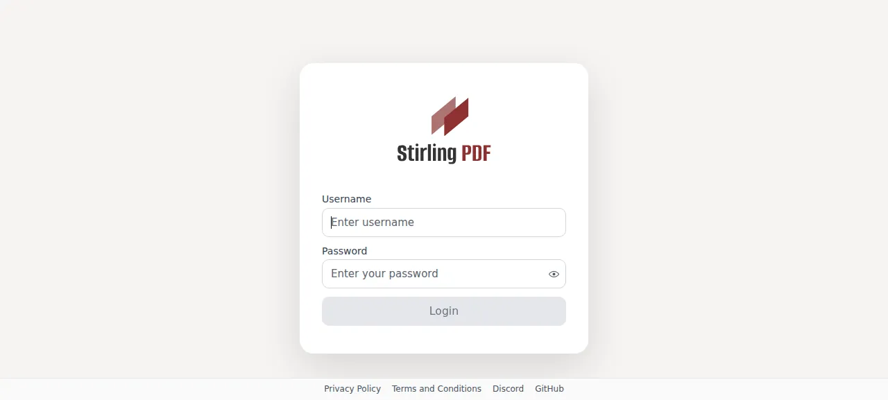 The Stirling PDF log-in page